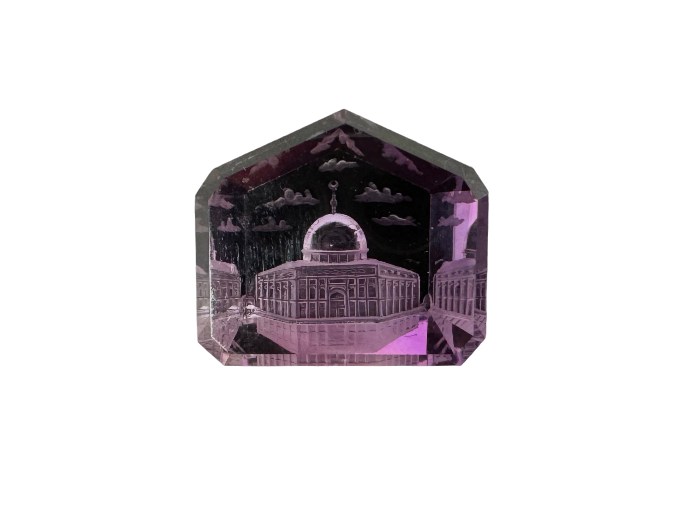 Medium Amethyst carved (Mosque) cut stone 21x24x11H | Wt-47.38 Ct | SKU-DG_T0061_048